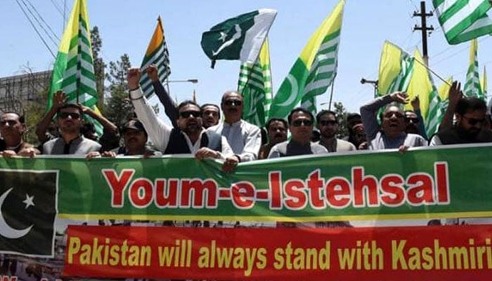 People protest against the exploitation of citizens in Indian Illegally Occupied Jammu and Kashmir (IIOJK). — State media/file