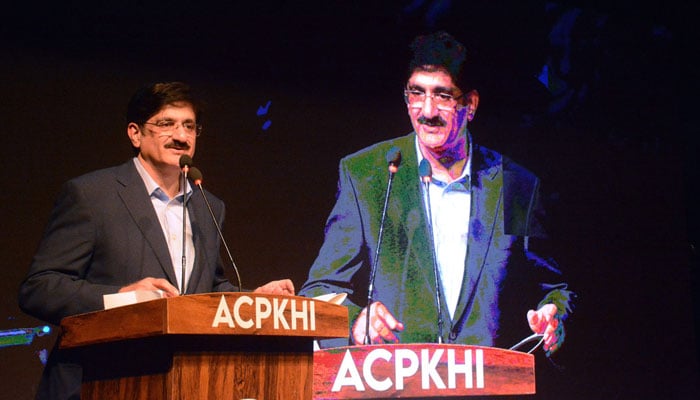 The Sindh Chief Minister Syed Murad Ali Shah addresses the award distribution ceremony under the World Culture Festival Karachi at the Arts Council of Pakistan on October 26, 2024. — APP