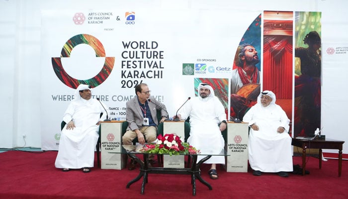 ACP President Muhammad Ahmed Shah (2nd left) speaks at a session titled ‘Qatars Culture: Past, Present, and the Future’ at the World Culture Festival organised by the Arts Council of Pakistan (ACP) on October 26, 2024. — Facebook@ACPKHI