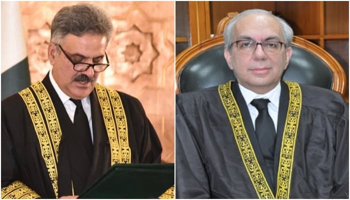 CJP Yahya Afridi taking oath as countrys top judge (left) and SC Justice Munib Akhtar. — PID/SC website