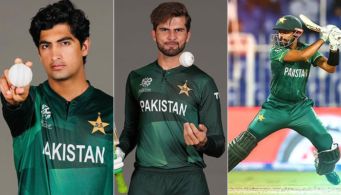 A collage containing pictures of Naseem Shah (left) Shaheen Shah Afridi (centre) and Babar Azam.— Facebook@iNaseem71/@iShaheenafridi40/@MBabarAzamPakistan/File