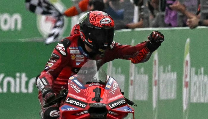 Francesco Bagnaia celebrates winning the MotoGP Thailand Grand Prix at the Buriram International Circuit .— AFP/File