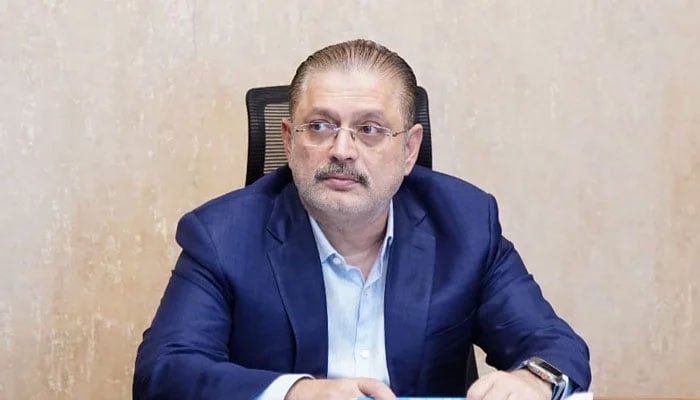 Sindh Senior Minister for Transport and Information Sharjeel Inam Memon sits at a meeting on August 6, 2024. — Facebook/Sharjeel Inam Memon