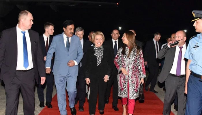 The chairperson of the Federal Assembly of the Federation Council of Russia Ms Valentina Matvienko (centre) arrives in Islamabad on October 27, 2024. — Faceboook@bushra.butt.395/