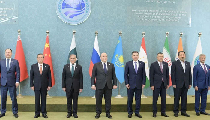 PM Shehbaz Sharif (third from right) poses for a group photo with representatives of the SCO countries on the occasion of the forums 23rd CHG meeting in Islamabad on October 16, 2024. — PID