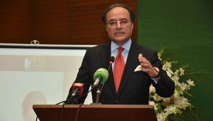 Finance Minister Muhammad Aurangzeb is addressing the gong ceremony at the Pakistan Stock Exchange in Karachi on March 29, 2024. —X@Financegovpk