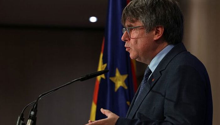 Catalan separatist leader Carles Puigdemont addresses a press conference in Brussels, Belgium on September 5, 2023. — Reuters