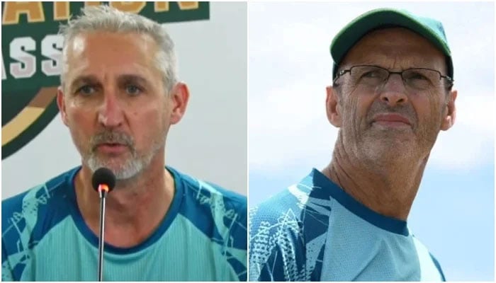 Pakistans red-ball coach Jason Gillespie (left) and former coach Gary Kirsten. — Screengrab via YouTube@pakistancricket/AFP/File