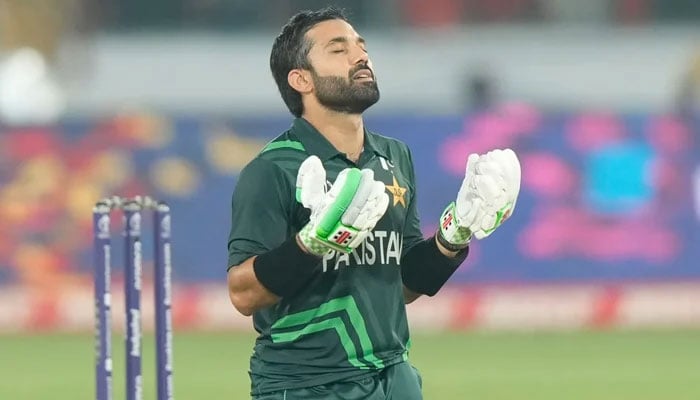 Mohammad Rizwan expressing gratitude after achieving a milestone during a match. — AFP/File