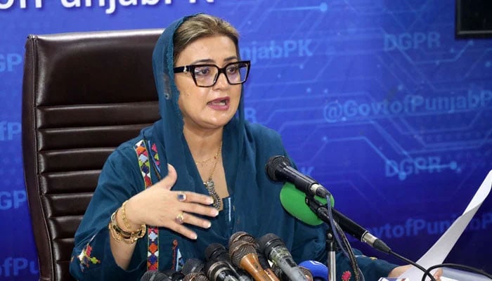 Punjab Information Minister Azma Bokhari  addresses media persons during a Press Conference in Lahore on October 22, 2024. — PPI