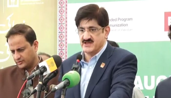 Sindh’s Chief Minister Syed Murad Ali Shah talks to the media after launching a polio eradication campaign at the SMB Fatima Jinnah School in Garden West on October 28, 2024. — Screengrab via Facebook@SindhCMHouse