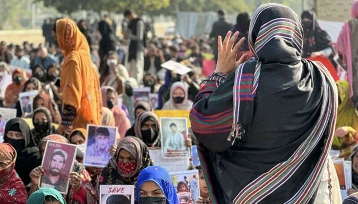 This image shows Baloch marchers staging a sit-in in Islamabad on December 23, 2023. — X/@BYCislamabad