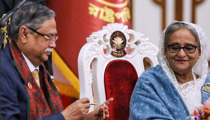 Bangladeshi President Mohammed Shahabuddin administers Prime Minister Sheikh Hasinas oath-taking ceremony as the countrys Prime Minister in Dhaka, Bangladesh on January 11, 2024. — Reuters