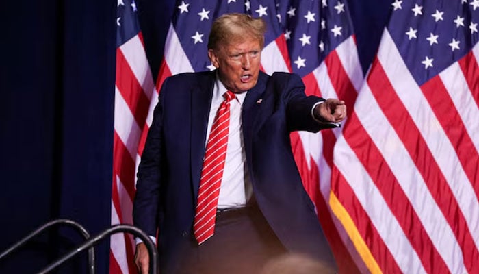 Republican presidential candidate and former US president Donald Trump reacts during a campaign rally at the Forum River Center in Rome, Georgia, US on March 9, 2024. — Reuters