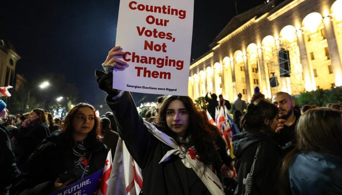 A girl holding a placard in a rally outside the main parliament building in central Tbilisi. — AFP/File