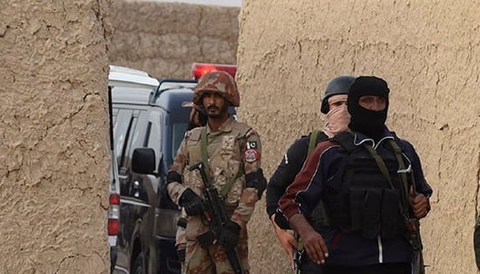 An undated image shows Frontier Constabulary personnel at a gathering in Mastung following a bomb blast. — AFP/File