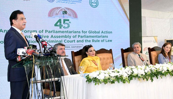 NA Speaker, Sardar Ayaz Sadiq addresses during the Inaugural Session of the 45th Annual Forum of the Parliamentarians for Global Action (PGA) and the 13th Consultative Assembly of Parliamentarians on the International Criminal Court (CAP-ICC) and the Rule of Law in Islamabad on October 28, 2024. — PPI