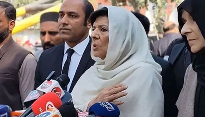 PTI founder Imran Khans sister Aleema Khan speaks media person on February 22, 2024. — Facebook/Shah Mahmood Qureshi