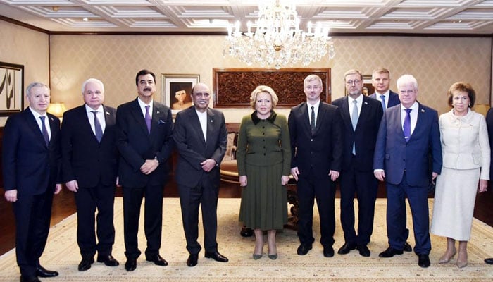 President Asif Ali Zardari, Senate Senate Chairman Yusuf Raza Gilani pose with a Russian parliamentary delegation led by Russian Federation Councils Federal Assemblys Speaker Valentina Matvienko at Aiwan-e-Sadr on October 28, 2024. — PID