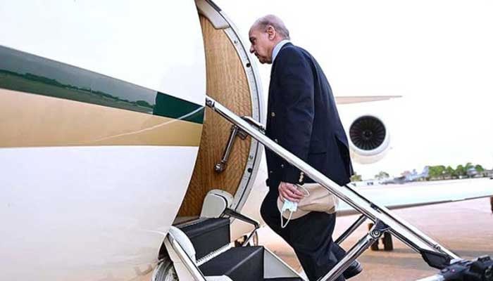 Prime Minister Shehbaz Sharif boards a Pakistan Air Force plane in this undated picture. — X@PakPMO/File