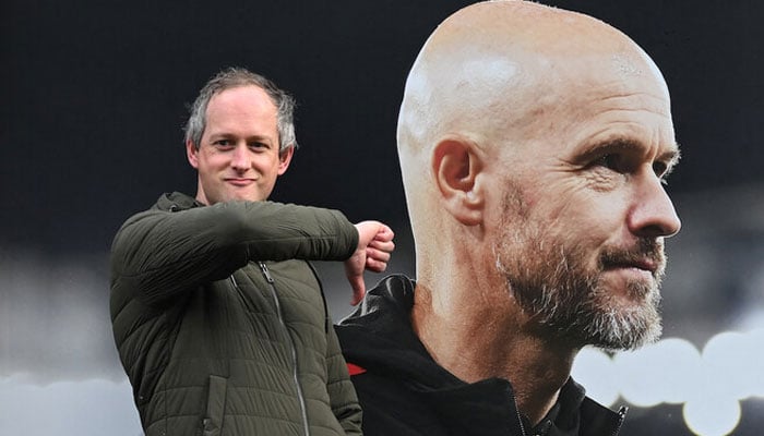 A visitor reacts as he poses in front of a picture of sacked Manchester United’s manager Erik ten Hag outside Old Trafford in Manchester on Oct. 28, 2024. — AFP