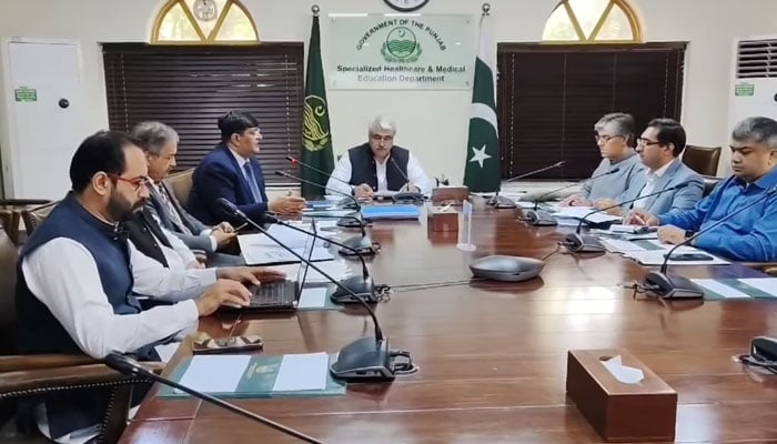 A delegation along with the CEO of the National Institute of Health in a meeting with Provincial Health Minister Khawaja Salman Rafique (centre) on October 29, 2024. — Facebook@SalmanRafiquePK