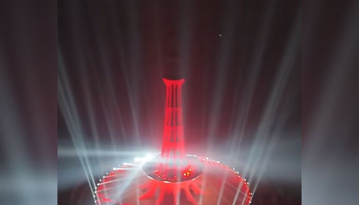 An aerial illuminated view of the Minar-i-Pakistan to celebrate Turkiye’s 101st Republic Day anniversary on October 29, 2024. — Screengrab via Facebook@GovtofPunjabPK