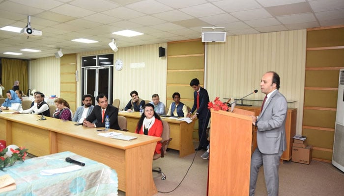 Education Counsellor at the Turkish Embassy Dr Mehmet Toyran addresses an event to celebrate the 101st Anniversary of Turkish Republic Day organised by the Turkish Language Department at the NUML on October 29, 2024. — Facebook@NUMLOFFICIALPAGE