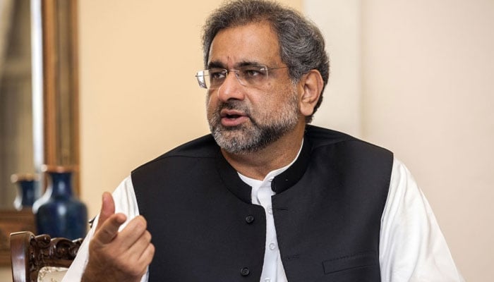 Former Prime Minister Shahid Khaqan Abbasi  speaks during an interview in Karachi. — APP/File