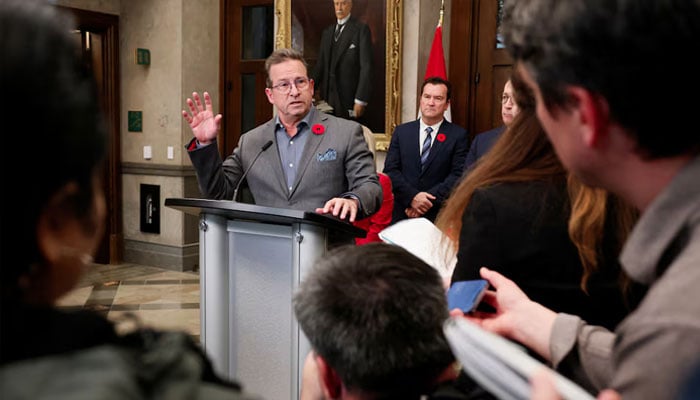 Canadas Bloc Quebecois leader Yves-Francois Blanchet speaks to journalists during a press conference in the House of Commons foyer on Parliament Hill in Ottawa, Ontario, Canada October 29, 2024. — Reuters