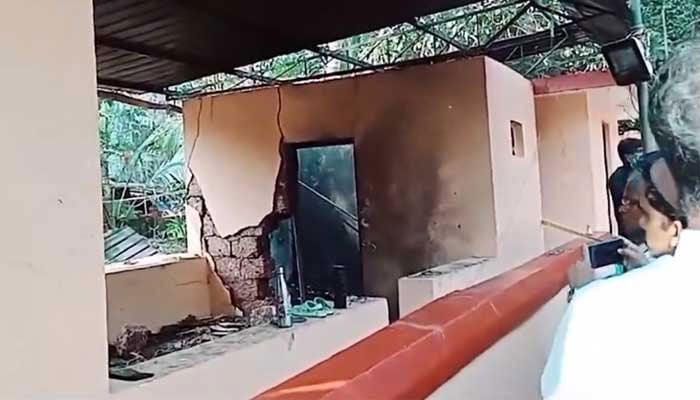 The spot where an explosion occurred in a firework storage facility near Hindu temple at Nileshwaram, in the sourthern Indian state of Kerala can be seen in this still taken from a video. — X@PTI_News