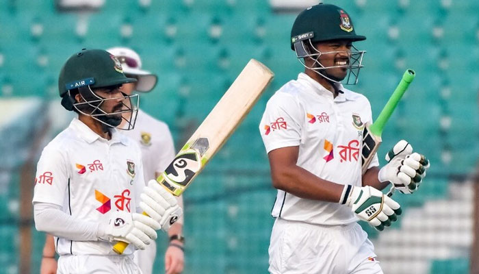 Najmul Hossain Shanto (right) and Mominul Haque at the end of Day 2 of Bangladeshs 2nd Test vs South Africa. — AFP/File