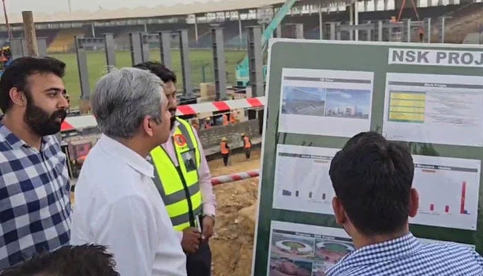 PCB Chairman Mohsin Naqvi pictured during his visit to Karachis National Stadium to review the venues ongoing renovation on October 30, 2024. — Geo News/Faizan Lakhani