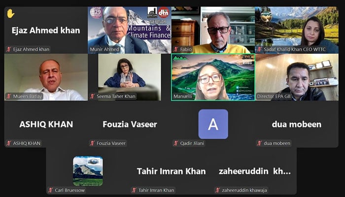 This image taken on October 30, 2024, shows a screenshot of a virtual international conference on ‘Mountains and Climate Finance’ hosted by (Devcom-Pakistan). — Facebook@DevcomPakistan