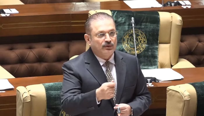 Sindh Senior Minister for Information, Transport and Excise & Taxation Sharjeel Inam Memon speaks in the Sindh Assembly session on October 30, 2024. — Facebook@SharjeelInamMemon63