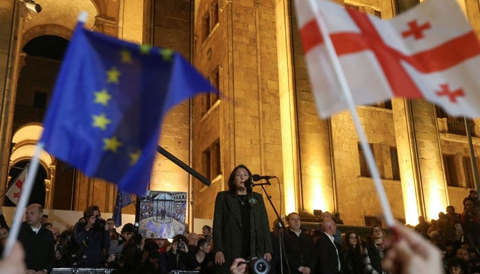 Georgias President Salome Zourabichvili addresses participants of a rally organized by supporters of opposition parties to protest against the result of a recent parliamentary election won by the ruling Georgian Dream party, in Tbilisi on Georgia October 28, 2024. — Reuters