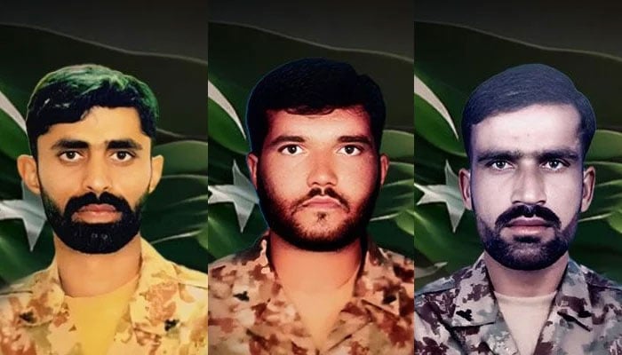 (From left to right) Pakistan Armys martyred soldiers Major Atif Khalil, Naik Azad Ullah and Lance Naik Ghazanfar Abbas. — ISPR/File