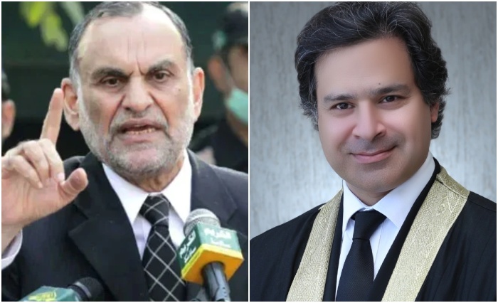 PTI leader Azam Swati (left) and IHCs Justice Miangul Hassan Aurangzeb. — PID/IHC website/File