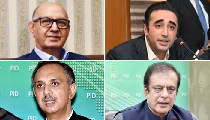 (Clockwise from top left): PML-N Senator Irfan Siddiqui, PPP Chairman Bilawal Bhutto-Zardari, NA Opposition Leader Omar Ayub and PTI Senator Shibli Faraz. — X/Facebook/@GovtofPakistan/@SyedShibliFaraz/@IrfanUHSiddiqui/@Bilawalhouse/File