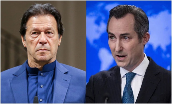 PTI founder Imran Khan (left) and US State Department Spokesperson Matthew Miller. — AFP/YouTube@StateDept/File