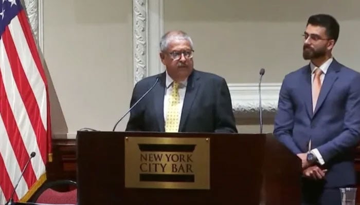 Supreme Court Justice Athar Minallah addressing an event of the New York City Bar Association. — Screengrab via YouTube/Geo News/File