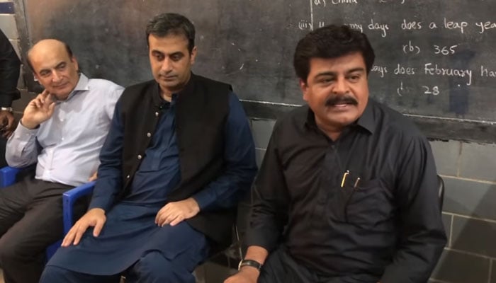 Sindh Minister for Education and Mines & Mineral Development Syed Sardar Ali Shah speaks with the teaching during his visits to the Government Boys Secondary School, Qamar-ul-Islam Campus, in Karachi on October 31, 2024. — Facebook@sardarshah.offical