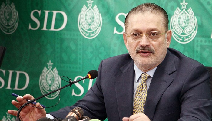 Sindh Minister for Information, Transport and Mass Transit, Excise Taxation and Narcotics Control, Sharjeel Inam Memon addresses media persons during a Press Conference in Karachi on October 31, 2024. — PPI