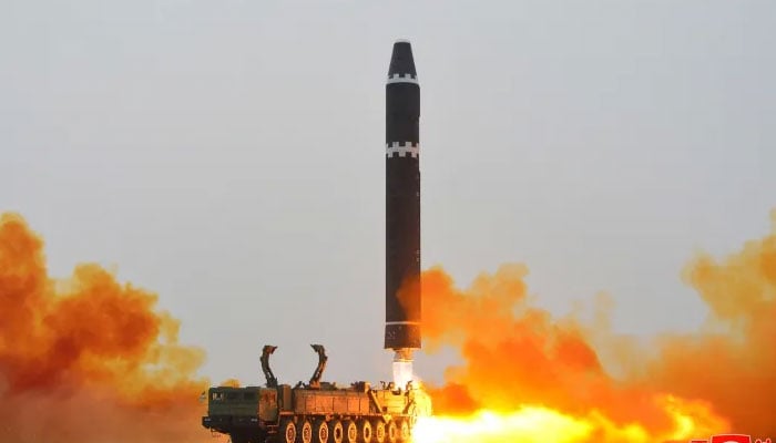 A Hwasong-15 intercontinental ballistic missile [ICBM] is launched at Pyongyang international airport, in Pyongyang, North Korea, in February 2023.— Reuter/File