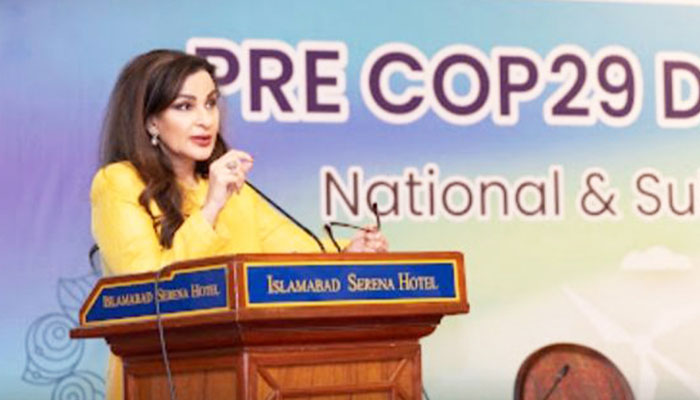 Chairperson Senate Committee on Climate Change Senator Sherry Rehman addresses the pre-COP event on October 31, 2024. — Facebook@RaviRUDAPak