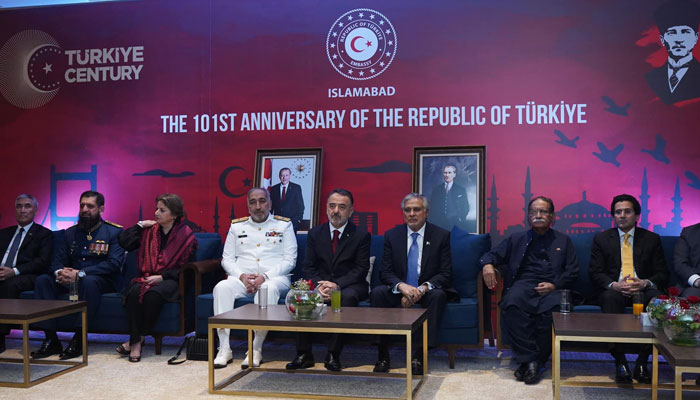 In this image, Turkish Ambassador Dr Irfan Neziroglu (centre), Deputy Prime Minister Ishaq Dar (from centre to right) and others attend  Turkiye’s 101st Republic Day event hosted by the Turkish Embassy on November 1, 2024. — Facebook@TCIslamabadBE