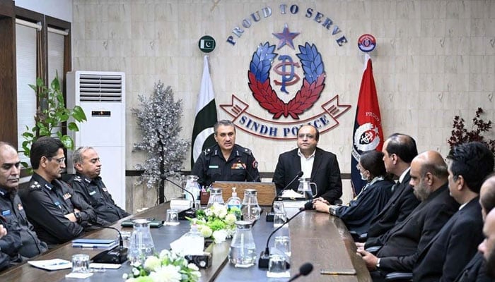 Sindh Police Inspector General (IG), Ghulam Nabi Memon presides over a meeting, at CPO Headquarters in Karachi on October 30, 2024. — PPI