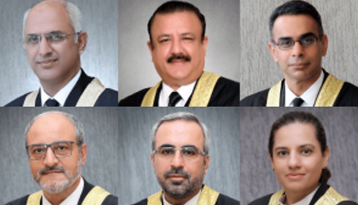 (Clockwise) IHCs Justices Mohsin Akhtar Kiani, Tariq Mahmood Jehangiri, Babar Sattar, Ijaz Ishaq Khan, Arbab Muhammad Tahir and Saman Riffat.— IHC website/file