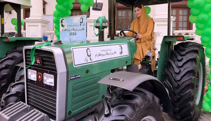 Punjab Chief Minister, Maryam Nawaz Sharif inspects the tractor during the launch of Green Tractor Scheme, in Lahore on Friday, November 1, 2024. — PPI Images