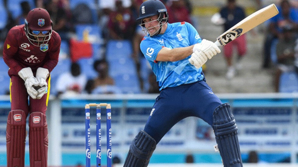 Liam Livingstone hits a boundary watched by opposition skipper Shai Hope. — AFP/file